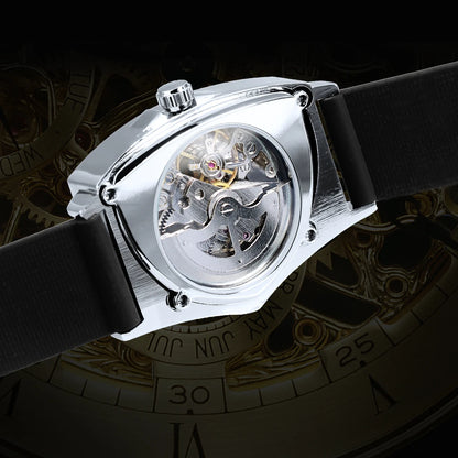 WINNER automatisch herenhorloge, driehoekig skeletontwerp, lichtgevende wijzers, rubberen band, militaire stijl, luxe mechanisch horloge
