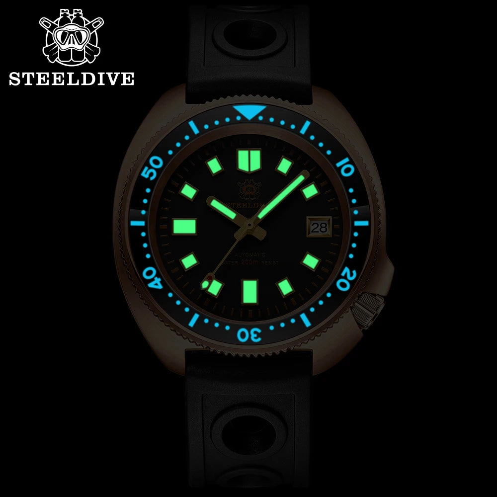 STEELDIVE Men Bronze Dive Watch 200M Water Resistant Ceramic Bronze Bezel Automatic Movement Wristwatch