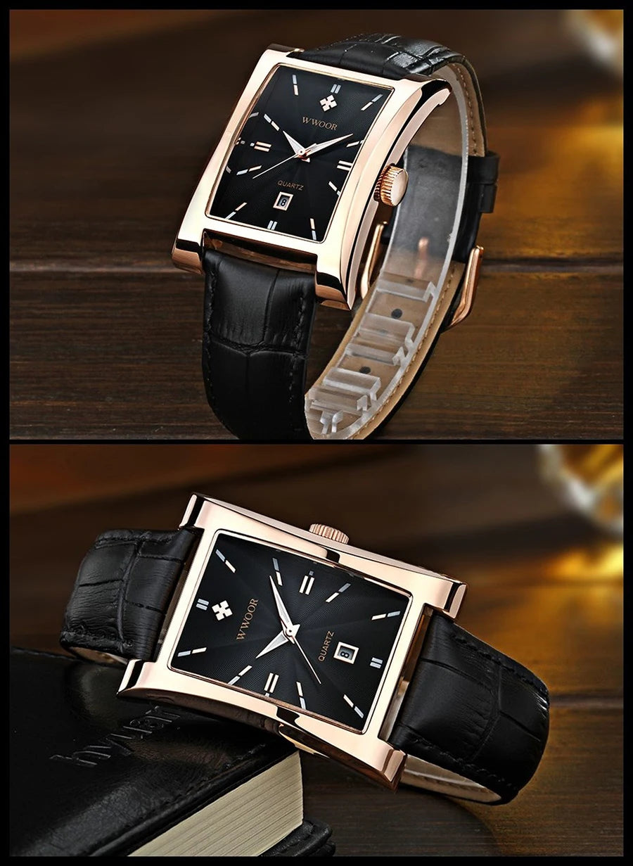 WWOOR Brand Classic Fashion Mens Rectangle Watches Male Gold Brown Leather Quartz Waterproof Wrist Watch For Men Calendar Clocks