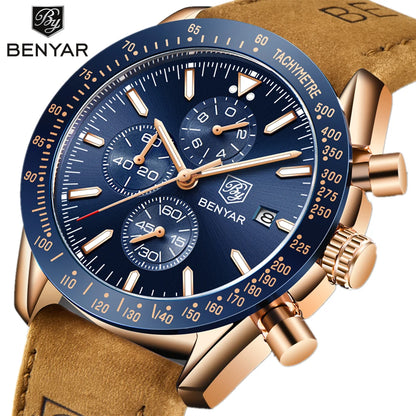 Montres de luxe pour hommes BENYAR – Montres-bracelets à quartz avec bracelet en cuir, étanches jusqu'à 30 m, style sportif.