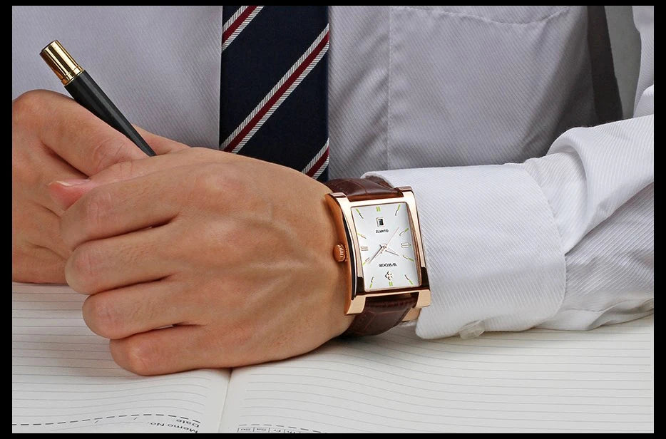 WWOOR Brand Classic Fashion Mens Rectangle Watches Male Gold Brown Leather Quartz Waterproof Wrist Watch For Men Calendar Clocks