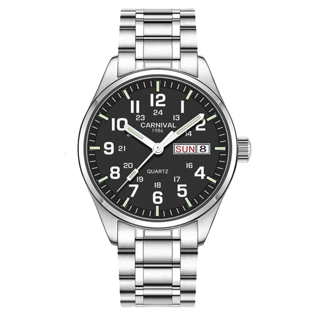 Orologio da uomo CARNIVAL Luxury Brand 8638 al quarzo, lancette luminose, impermeabile, in solido acciaio inossidabile