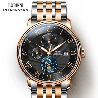 LOBINNI Men Watches Fashion Brand wrist watch Seagull Automatic Mechanical Clock Sapphire Moon Phase relogio masculino L1023B-2
