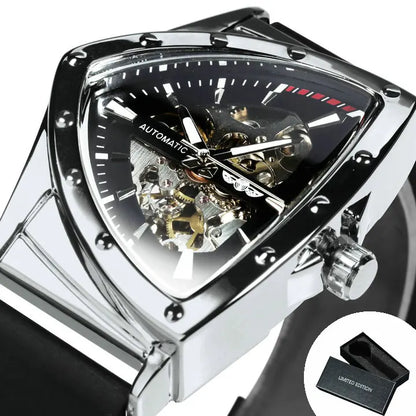 WINNER automatisch herenhorloge, driehoekig skeletontwerp, lichtgevende wijzers, rubberen band, militaire stijl, luxe mechanisch horloge