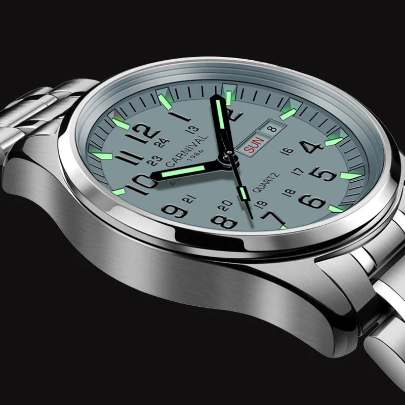 Orologio da uomo CARNIVAL Luxury Brand 8638 al quarzo, lancette luminose, impermeabile, in solido acciaio inossidabile