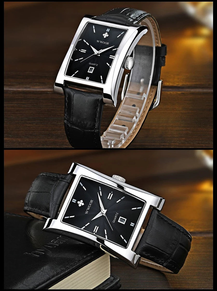 WWOOR Brand Classic Fashion Mens Rectangle Watches Male Gold Brown Leather Quartz Waterproof Wrist Watch For Men Calendar Clocks