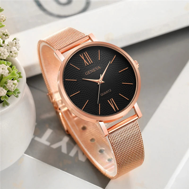 2021 New Geneva Watch Women Black Watches Stainless Steel Mesh Band Quartz Wristwatches Casual Ladies Watches Cheap Price