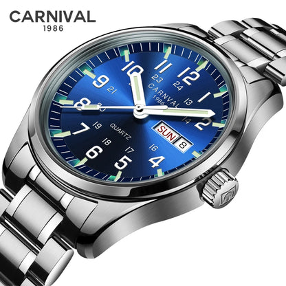 Orologio da uomo CARNIVAL Luxury Brand 8638 al quarzo, lancette luminose, impermeabile, in solido acciaio inossidabile