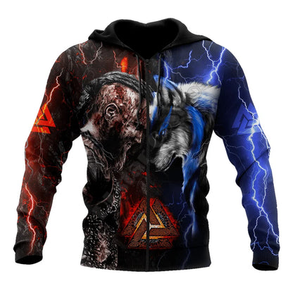 Felpa con cappuccio 3D all-over con stampa tatuaggio Ragnar e lupo Valknut, con zip, da donna e da uomo, pullover per costumi cosplay
