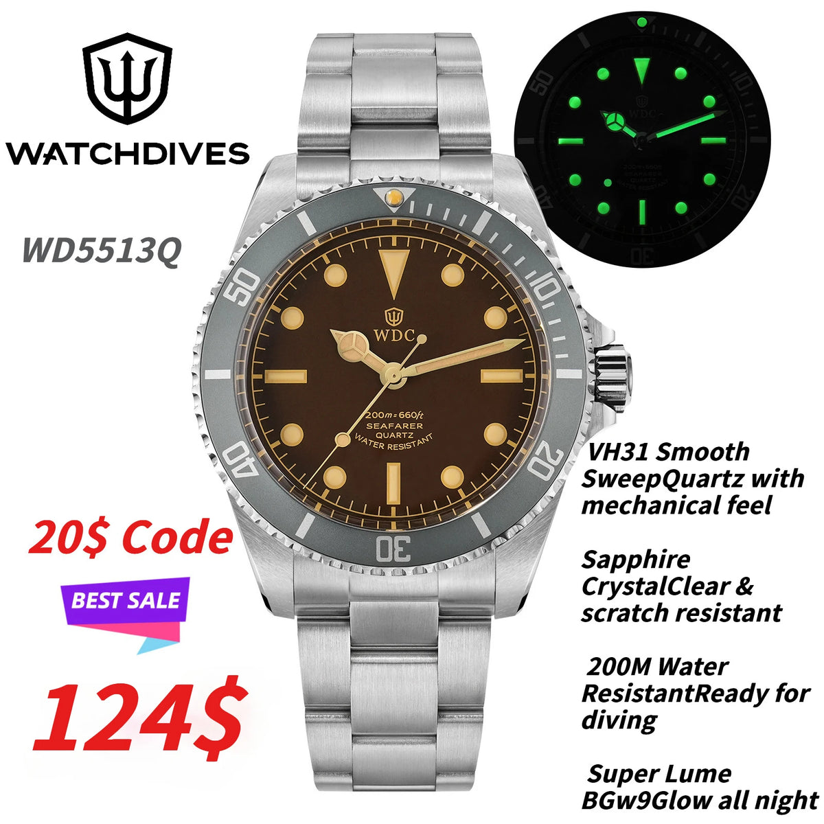Watchdives WD5513Q 40mm Quartz Diver Watch VH31 Sweep Second Sapphire 200m Waterproof Steel Bracelet BGW9 Lume Mens Watch