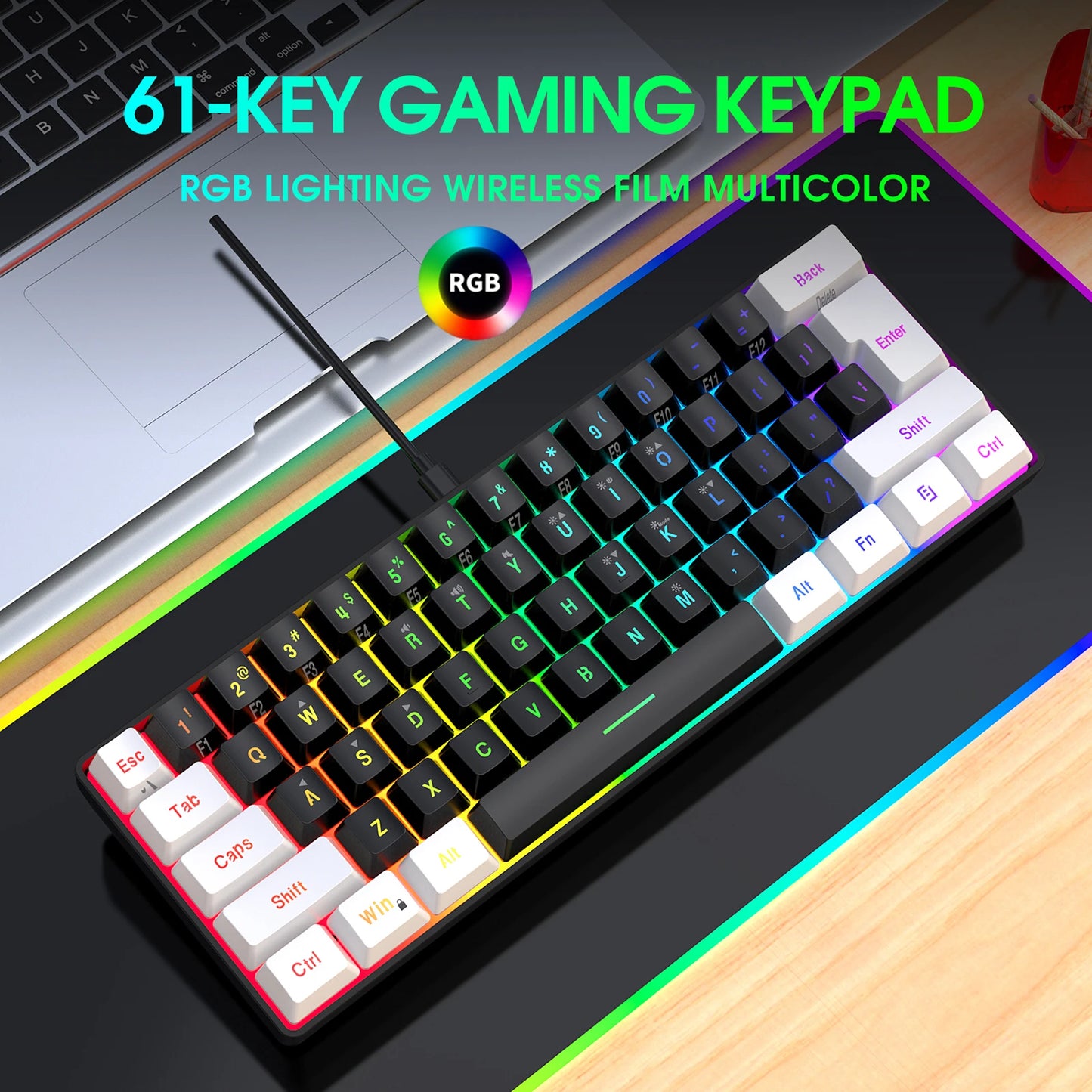HXSJ USB Computer Keyboard and Mouse Kit with 61-Key Wired RGB Backlight Wired Gaming Mouse Colorful LED Lighting for PC Laptop