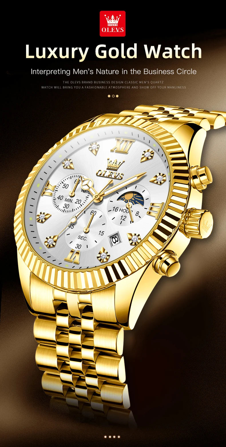 OLEVS 2932 High end Men's Watch Classic Lunar Phase Waterproof Stainless Steel Chronograph Watch Luxury Brand Quartz Men's Watch