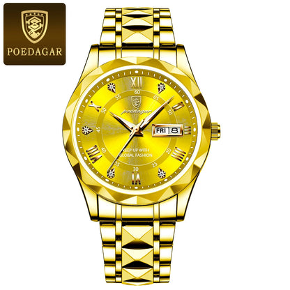 POEDAGAR Business Luxury Herrenuhr, wasserdicht, aus Edelstahl, beleuchtet, mit Datum und Wochentag, im Sport-Stil, mit Quarzwerk.
