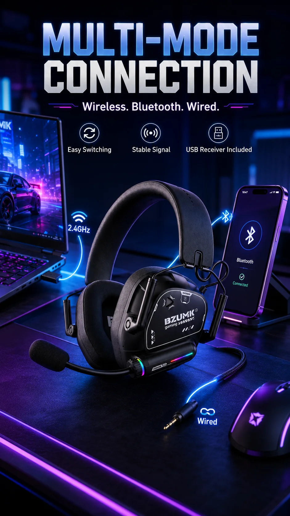 Casque de jeu sans fil BZUMK, écouteurs circum-auraux Bluetooth à faible latence avec micro, basses profondes, 50 mm, RGB, pour PC, PS4, PS5, ordinateur portable, gamer