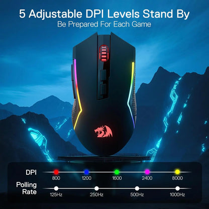Redragon M693 LIT Wireless Gaming Mouse, 12800 DPI Mice w/ 3-Mode Connection, BT & 2.4G Wireless, 7 Macro Buttons