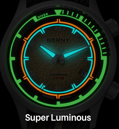 BERNY Titanium Diver Watches for Men 20ATM Super Luminous Automatic Mechanical Men's Dive Watch Sapphire Swim Diving Wristwatch
