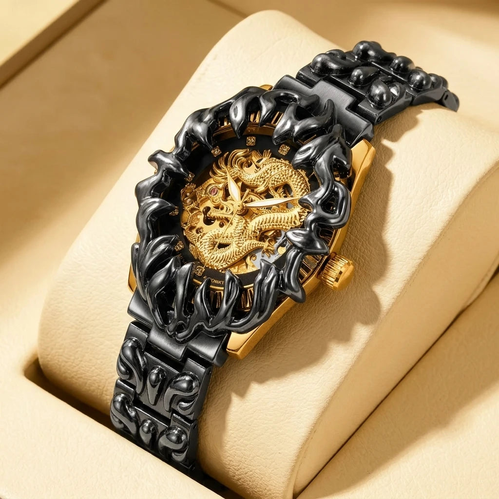 A men's yellow and black retro style classical irregular dragon patterned tourbillon mechanical watch