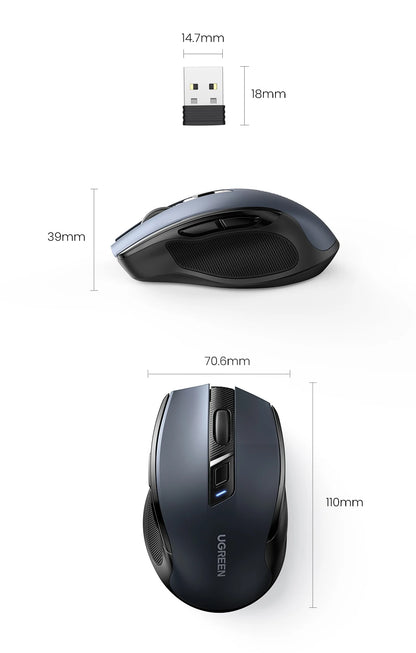 Mouse wireless UGREEN Bluetooth 5.0 ergonomico 4000DPI con 6 pulsanti silenziosi per MacBook, tablet, laptop, computer e PC, mouse 2.4G