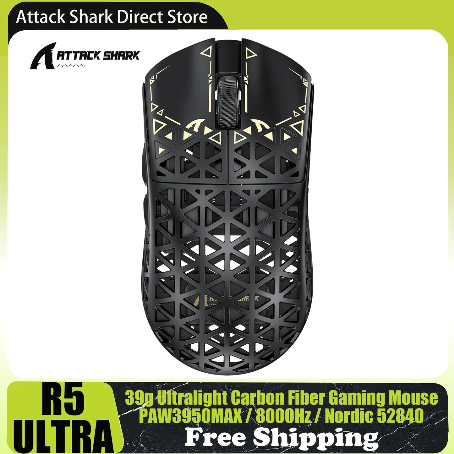 ATTACK SHARK R5 Ultra Carbon Fiber trådløs gamingmus, PixArt PAW3950MAX gamingsensor, 42000DPI, 8000Hz, MCU Nordic 52840