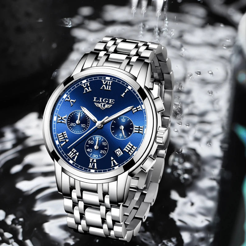 Pánske hodinky LIGE – luxusný chronograf, ležérny športový štýl, vodotesné, celokovové, quartzový strojček