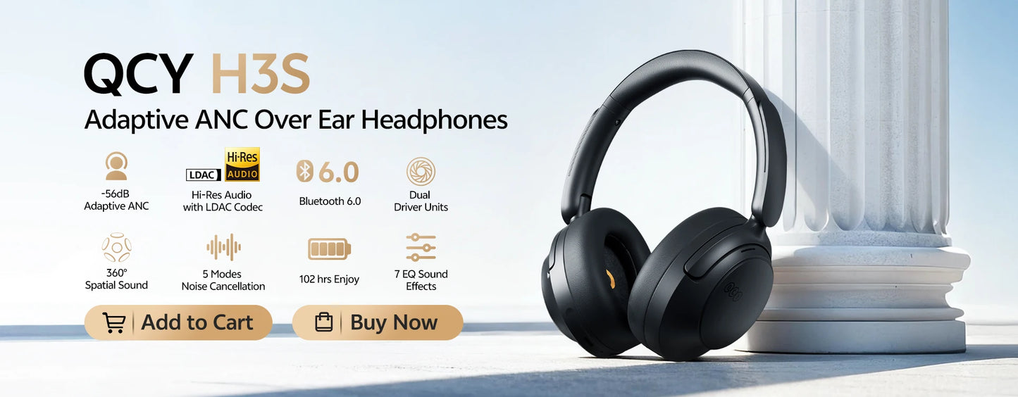 QCY H3S -56dB ANC adaptativo Auscultadores Bluetooth 6.0 circum-aurais – Headset sem fios Hi-Res LDAC, bateria de 102H, som espacial Dual Driver
