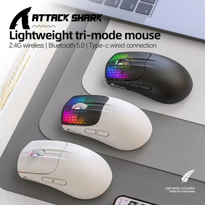 ATTACK SHARK X5 bezdrátová myš, lehká, tri-mode připojení 2.4GHz / kabel / Bluetooth, RGB makro herní myš