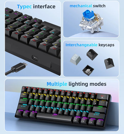 61 Keys Mechanical Keyboard Wired,APAYADO K61 RGB 60% Portable Mini Keyboard Black,White, Red/Blue Switch for Gaming