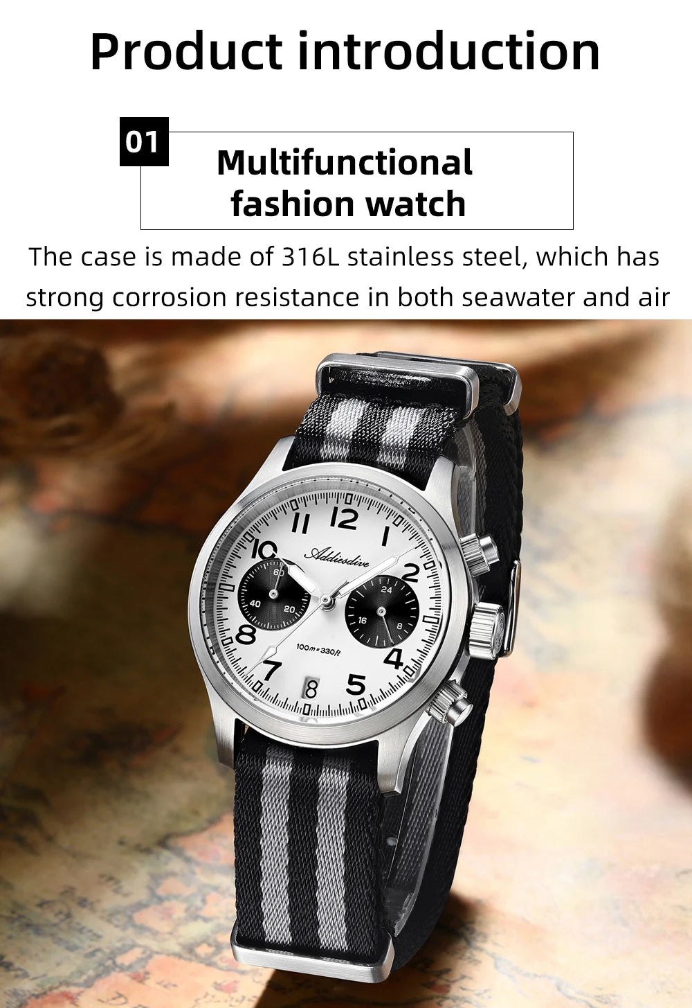 Relógio Masculino ADDIESDIVE 2025 New Panda Eye Retro Luxo VK64 Quartz, Cronógrafo Desportivo, 100M Impermeável, Luminoso
