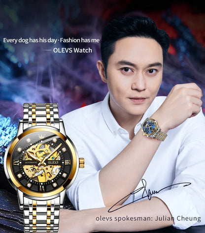 OLEVS 9901 Mens WatchLuxury Hollowing Mechanical Wristwatch Waterproof Luminous Stainless Steel Fashion Automatic Watch For Man