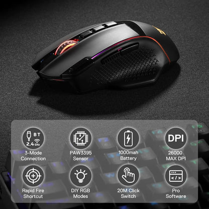 Mouse da gaming wireless Redragon M991 26000 DPI, 3 modalità, 9 pulsanti macro, retroilluminazione RGB, nero