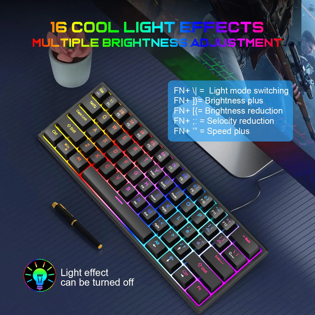 Teclado Gaming com Fio de 104 Teclas com Sensação Mecânica para Portátil e PC, Ergonómico, Retroiluminado RGB, 61 Teclas, Switches Cyan e Keycaps