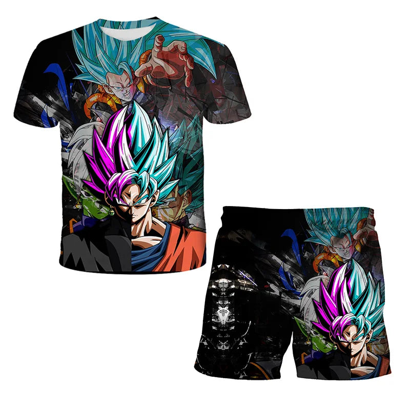 Japanisches Cartoon-Dragon-Ball-Z-T-Shirt, Kinder-Oberteil, T-Shirt- und Shorts-Zweiteiler für den Sommer, Jungen-T-Shirt + Shorts, Strandshorts