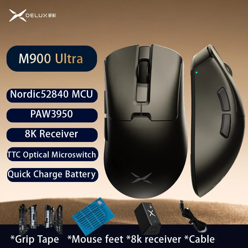 Delux M900PRO ultralet version trådløs gamingmus ergonomisk 1K/8K polling rate 50g PAW3395 til højre stor hånd PC-gamer
