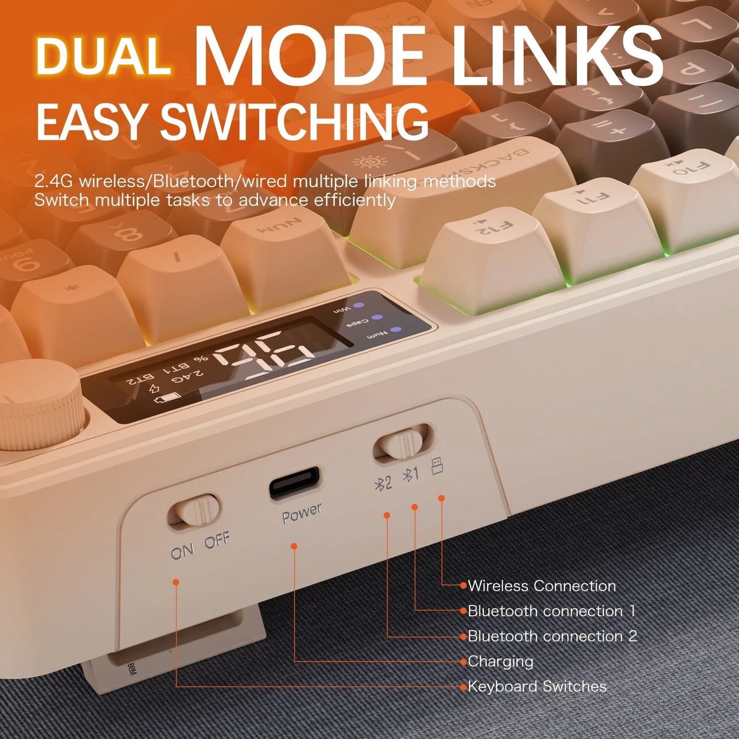 Teclado Sem Fios Bluetooth M96 FREEWOLF com Ecrã Digital, Retroiluminação RGB, Bateria de 2000mAh e Teclas PBT para PC/Portátil