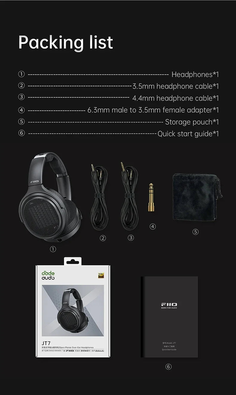 FiiO JT7 Planar-Magnetic-Audiophile-Kopfhörer – kabelgebundenes Over-Ear-HiFi-Headset mit 95x86mm-Treiber, verstellbarem Kopfbügel und 4.4mm/3.5mm-Kabel