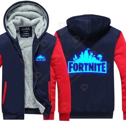 Hanorace luminescente „Winter Warm Fortnite” pentru bărbați și femei, hanorace de joc și cosplay, din fleece gros, cu fermoar, jachete și paltoane pentru cupluri