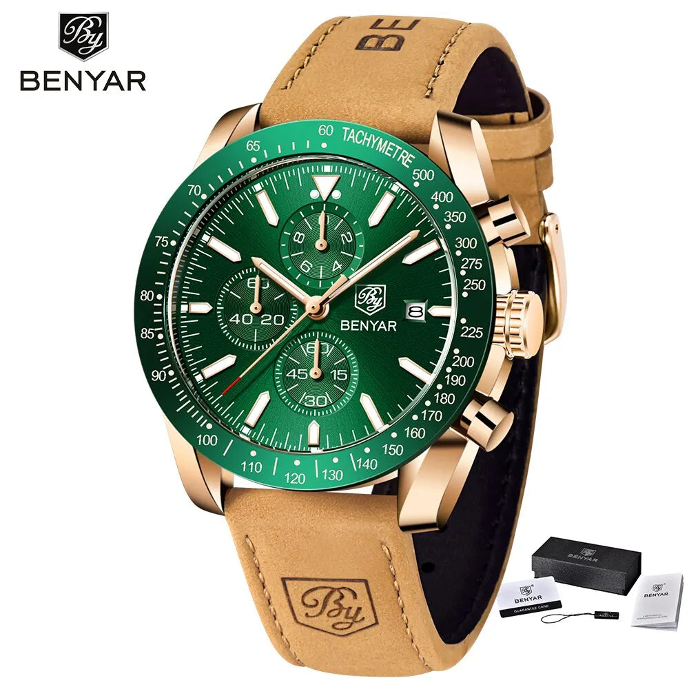 Montres de luxe pour hommes BENYAR – Montres-bracelets à quartz avec bracelet en cuir, étanches jusqu'à 30 m, style sportif.