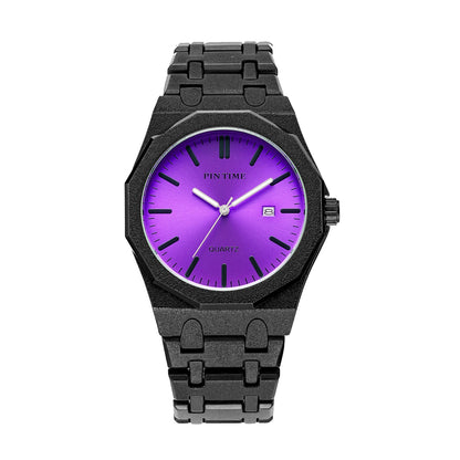 PINTIME 3185 Unisex Quartz Watch  Purple Dial, Glitter Textured Case, Date Display & 3 Bar Water Resistant