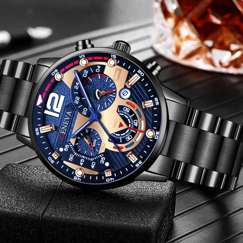 GENEVA Men's Creative  Six-Pin Watch Alloy Steel Band Quartz Watch Men Watch New Luxury  Men's Quartz WristWatch