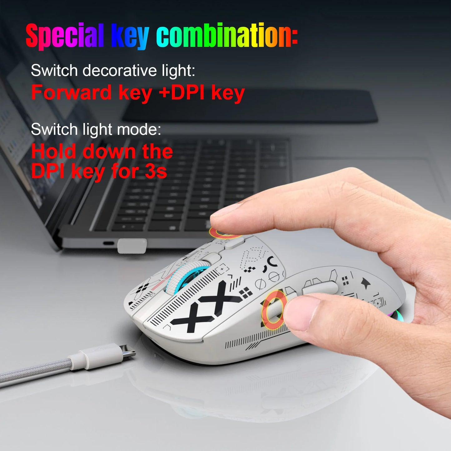 3 režimų „Bluetooth“ žaidimų pelė, įkraunama, 2.4G USB belaidė RGB apšvietimo pelė, skirta „iPad“, planšetiniam kompiuteriui, nešiojamajam kompiuteriui ir kompiuteriui