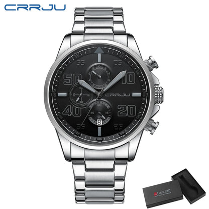 Relógio para homem CRRJU – Cronógrafo de luxo, mostrador grande, aço inoxidável, estanque, com indicação da data