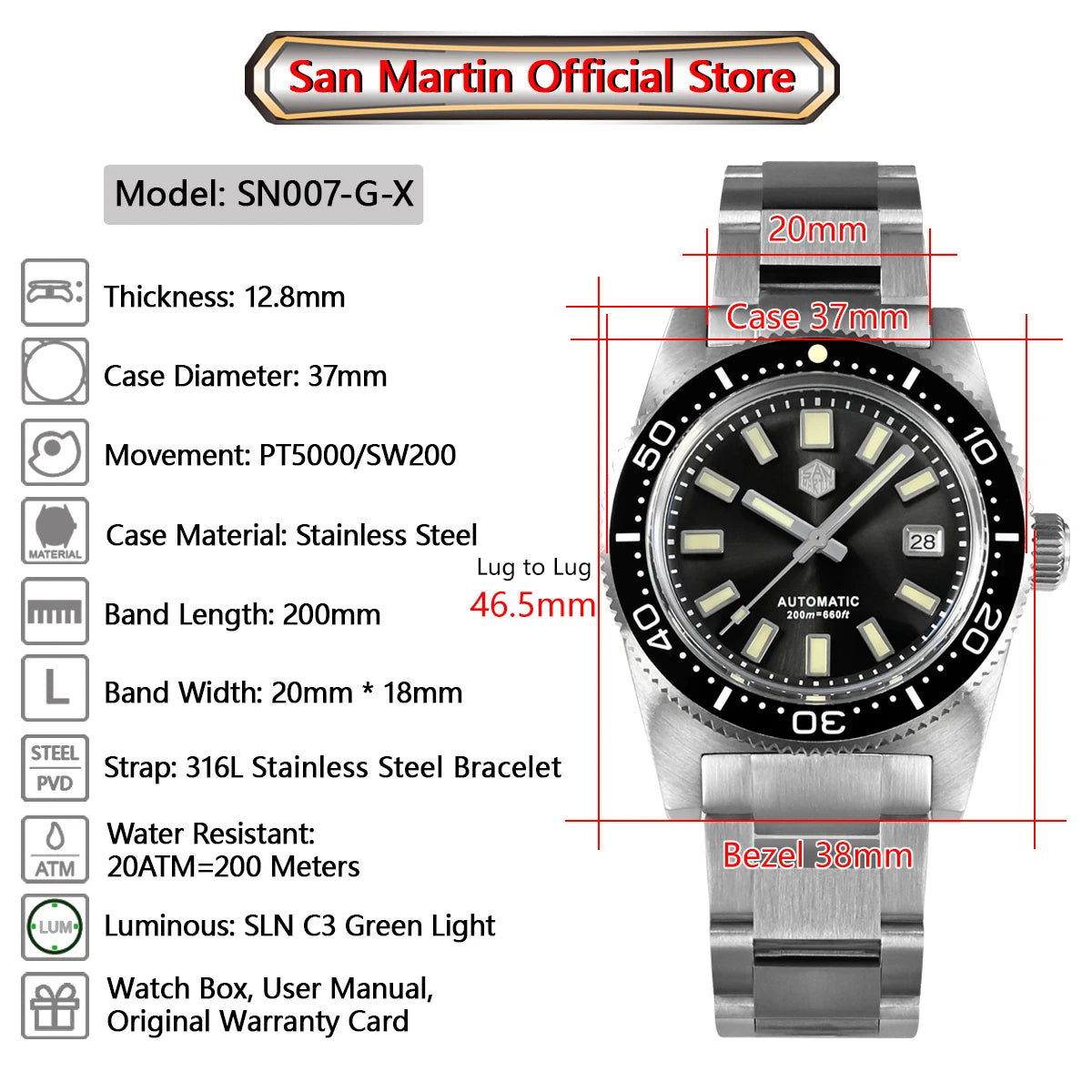 San Martin New 62mas 37mm Diver Mens Watch Classic Luxury Sapphire PT5000 SW200 Automatic Mechanical Watches Date 20Bar Luminous