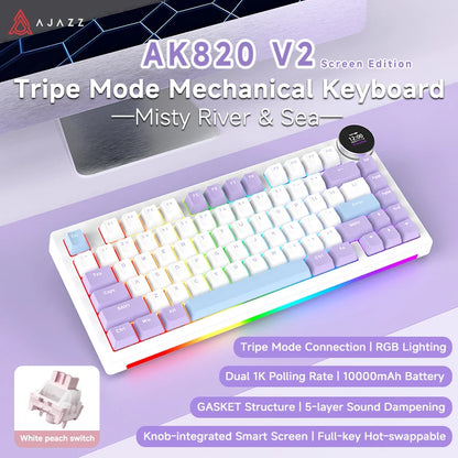 AJAZZ AK820 V2 / AK820 V2 Pro Gaming Mechanical Keyboard 75% ABS 82 Keys 10000mAh Wireless Tri-mode Gamer Keyboard for Laptop PC