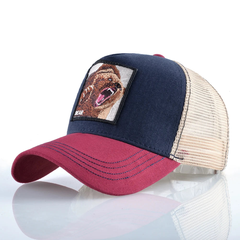 Four Seasons Snapback Baseball Cap Men Fashion Bear Embroidery Hip Hop Hat Women Outdoor Breathable Mesh Trucker Hat