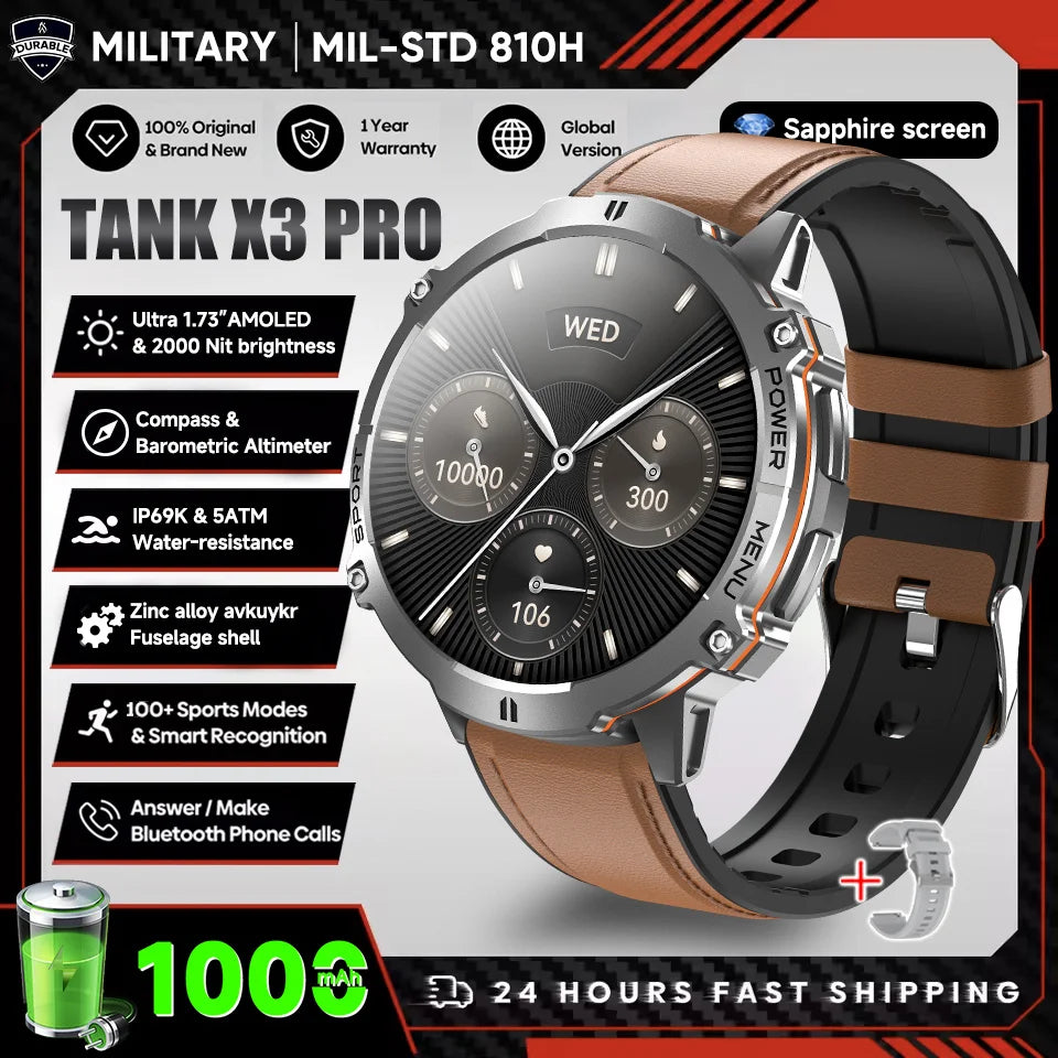 2026 Novo Smartwatch Militar TANK X3 para Homem, Bateria 1000mAh, 10ATM À Prova de Água para Natação, Percurso GPS, Ecrã AMOLED HD de 1.75", Chamadas e Desporto