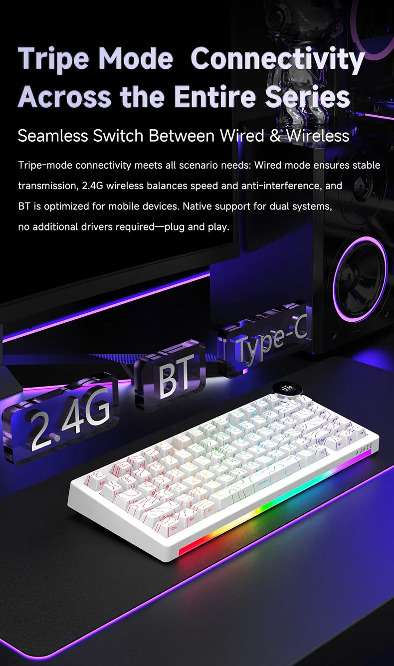 AJAZZ AK820 V2 / AK820 V2 Pro Gaming Mechanical Keyboard 75% ABS 82 Keys 10000mAh Wireless Tri-mode Gamer Keyboard for Laptop PC
