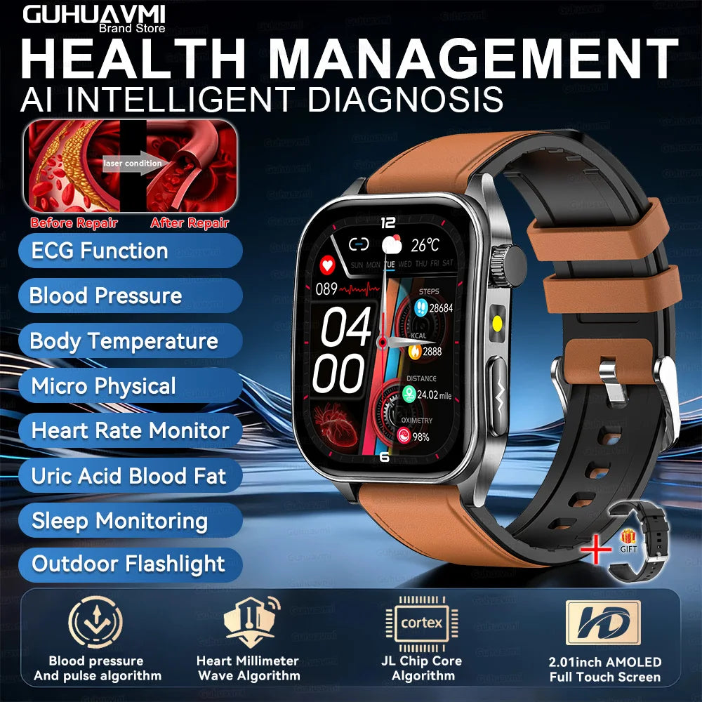 2026 New 650nm Laser Therapy Blood Fat Uric Acid Blood Pressure Smart Watch ECG+PPG Precise Health Monitor Smartwatches For Men