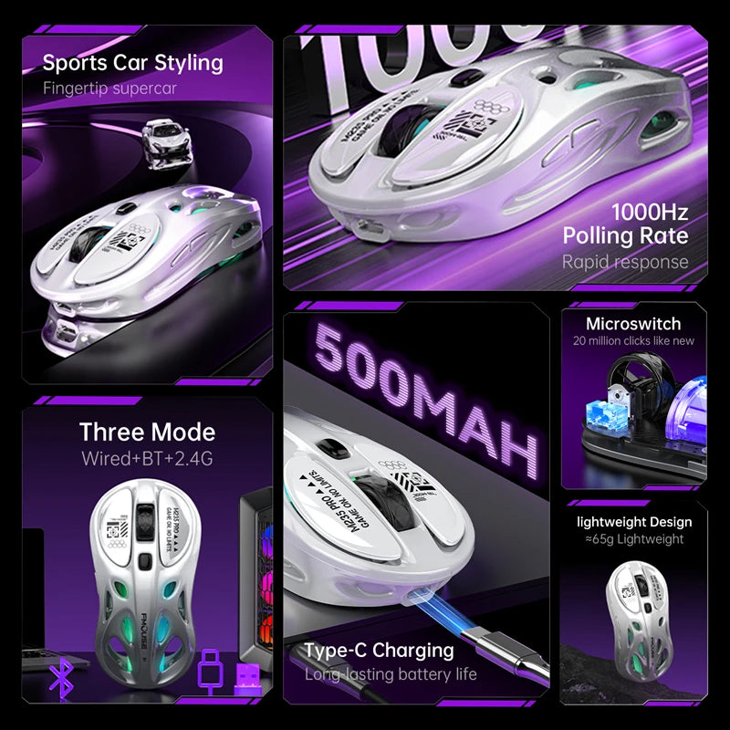 Bežični 2.4G trostruki RGB gaming miš, lagani perforirani dizajn s Chroma osvjetljenjem, žični Bluetooth e-sports miš kontroler