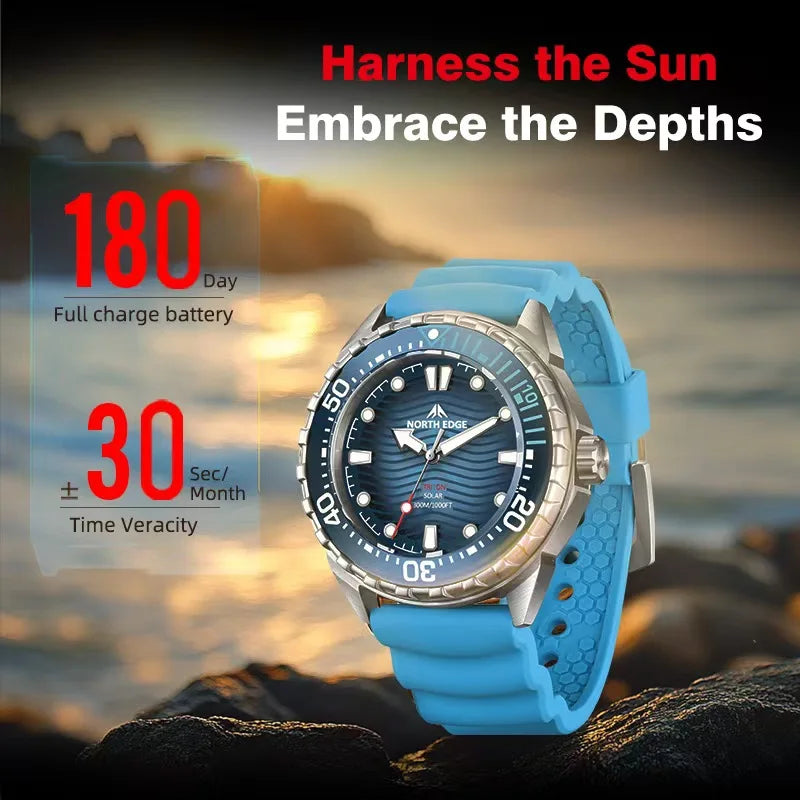 Stainless Steel Diving Watch Solar Energy Driven Quartz Watch Outdoor Waterproof Long Battery Life Rotatable Chronograph Ring