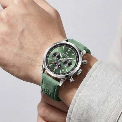 Luxusní pánské hodinky GOLDENHOUR – křemenný chronograf, zelený ciferník, kožený řemínek, vodotěsné, luminiscenční, vojenský a sportovní styl